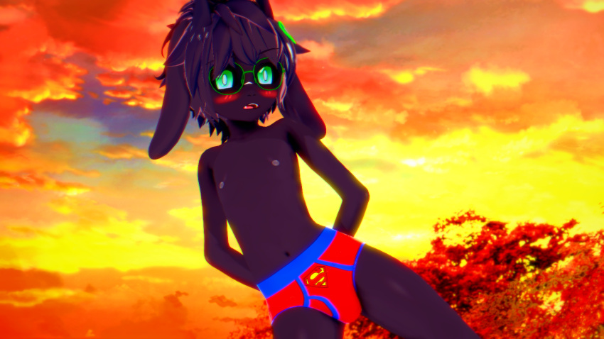 1boy 3d anthro black_body black_fur black_hair blush bovid briefs cub exposed_shoulders furry furry_male furry_only fusionxglave glasses green_eyes hands_behind_back highres horn male male_focus male_only monotone_body monotone_ears monotone_fur monotone_hair nerd ralse underwear undies young