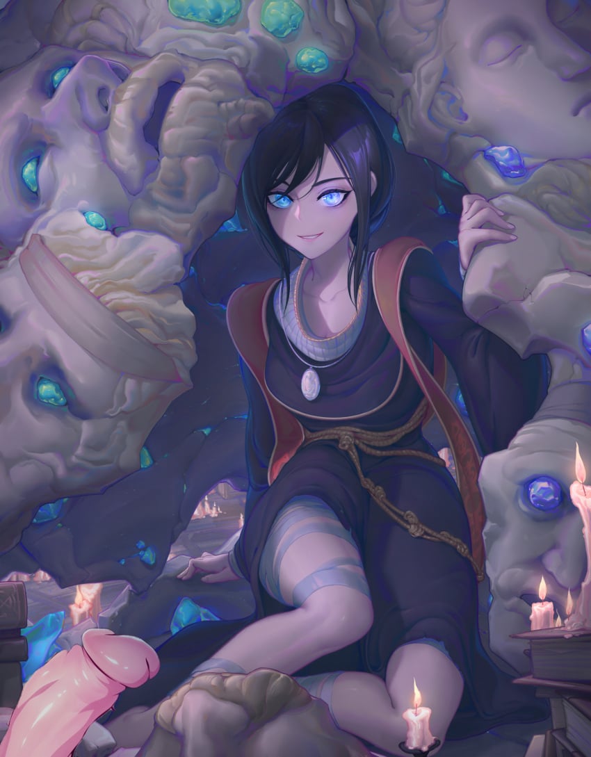 1boy 1girls artist_request black_hair blue_eyes clothing cropped elden_ring feet female female_focus fromsoftware glowing_eyes huge_cock imminent_sex penis school_of_graven_mages sfw_version_available sorceress_sellen