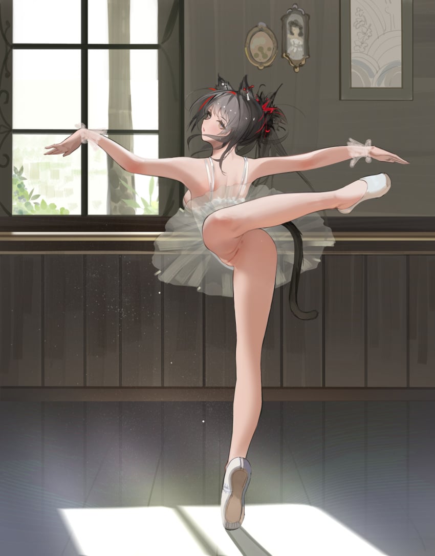 alternate_costume animal_ears anus arknights ass ballerina ballet ballet_slippers bangs bare_legs bare_shoulders barre black_hair breasts brown_eyes cat_ears cat_girl cat_tail commentary da_(datako) dancing day dress en_pointe english_commentary eyebrows_visible_through_hair female from_behind full_body highres indoors large_breasts long_hair looking_at_viewer looking_back no_panties outstretched_arms parted_lips pussy reflective_floor schwarz_(arknights) see-through sideboob sleeveless sleeveless_dress solo sunlight tail tiptoes tutu uncensored upskirt white_dress white_footwear window wrist_cuffs