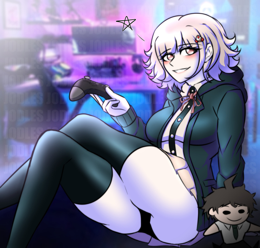 2022 clothed danganronpa danganronpa_2:_goodbye_despair game_controller gamer_girl gaming hairclip hinata_hajime jodles7 nanami_chiaki plushie straight_hair thighhighs thighs upskirt