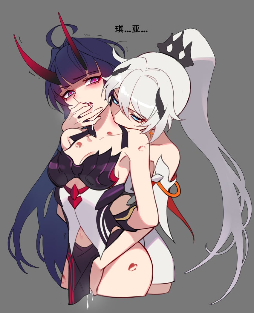 2girls bangs bite_mark biting blue_eyes breasts cropped_legs cross cross_earrings drooling earrings eyebrows_visible_through_hair finger_in_another's_mouth fingering grey_background hair_ornament hickey highres honkai_(series) honkai_impact_3rd horns jewelry kiana_kaslana kiana_kaslana_(herrscher_of_flamescion) long_hair multiple_girls navel neck_biting open_mouth ponytail purple_eyes purple_hair pussy_juice raiden_mei raiden_mei_(herrscher_of_thunder) saliva songqi53060837 standing teeth trembling very_long_hair yuri