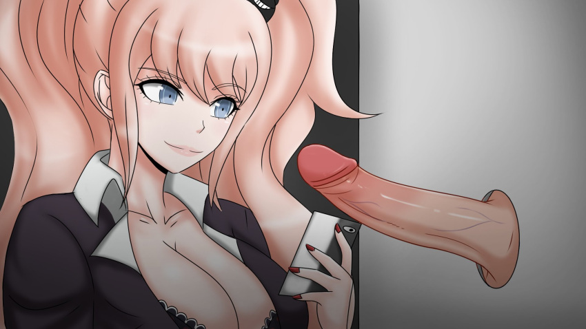 big_penis blue_eyes bravebengal cleavage danganronpa danganronpa:_trigger_happy_havoc danganronpa_1 glory_hole junko_enoshima large_breasts large_penis penis straight straight_hair strawberry_blonde_hair unseen_male_face