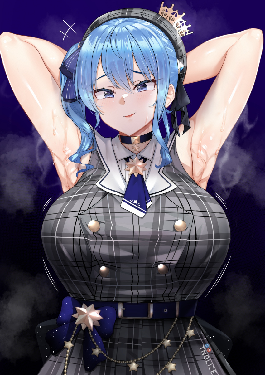 1girls 2022 armpits arms_behind_head arms_up asymmetrical_hair blue_eyes blue_hair blush breasts clothed clothed_female female hi_res hololive hololive_gen_0 hololive_japan hoshimachi_suisei large_breasts looking_at_viewer side_ponytail sleeveless solo solo_female steam steaming_body sweat sweaty_body tnolize virtual_youtuber