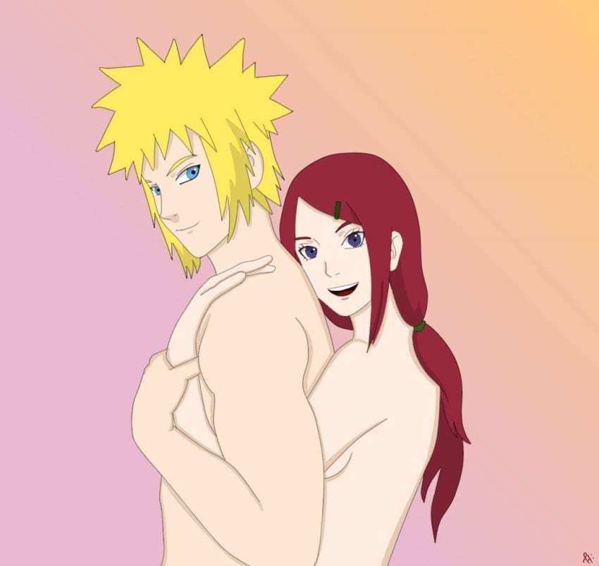 1boy 1girls alternate_hairstyle arm_grab blue_eyes breasts breasts_on_back canon_couple couple duo grabbing grabbing_from_behind hair_ornament hairclip holding_arm hug hugging hugging_from_behind husband_and_wife long_hair male/female married married_couple naked namikaze_minato naruto naruto_(series) naruto_shippuden ponytail purple_eyes smile straight tied_hair tinashbaby upper_body uzumaki_kushina yellow_hair