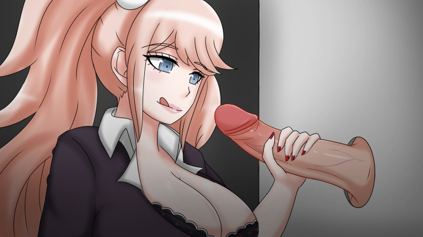 big_penis blue_eyes bravebengal cleavage danganronpa danganronpa:_trigger_happy_havoc danganronpa_1 glory_hole handjob junko_enoshima large_breasts large_penis penis straight straight_hair strawberry_blonde_hair unseen_male_face