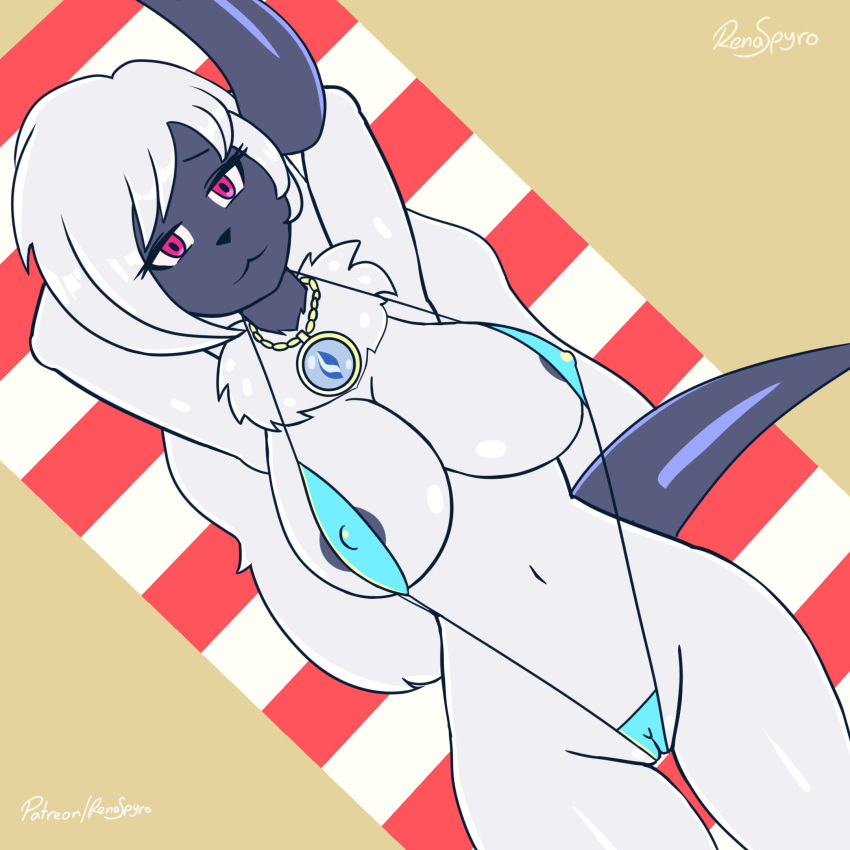 1:1 absol anthro areola areola_slip beach big_breasts bikini breasts cameltoe canid clothed clothing curvy_figure female fur hands_behind_head hi_res horn hourglass_figure jewelry looking_at_viewer lying mammal miyuki_(themeepguy) neck_tuft necklace nintendo nipple_slip on_back pokémon_(species) pokemon pokemon_(species) red_eyes renaspyro seaside skimpy sling_bikini solo swimwear towel tuft video_games voluptuous white_body white_fur