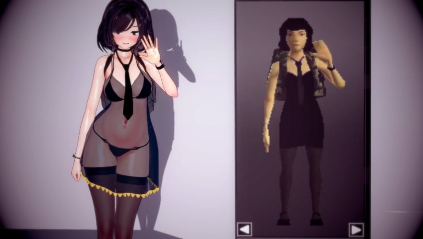 1girls backsack black_hair blush brown_eyes choker clothed comparison frilled_dress frills lingerie looking_at_viewer midriff multiple_views navel necktie nightie project_zomboid see-through_clothing solo stockings thighhighs waving waving_at_viewer white_skin wristband