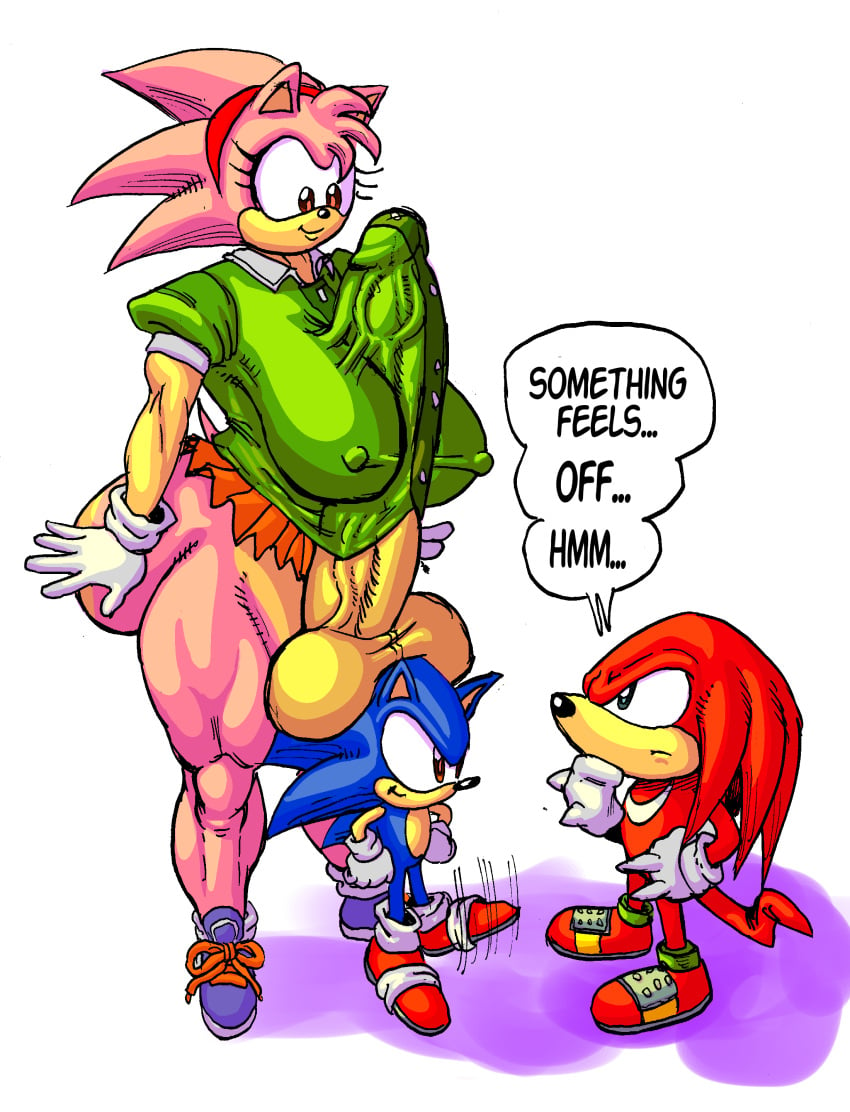 1futa 2boys amy_rose anthro areolae autopaizuri balls casual_autopaizuri classic_amy_rose dialogue dickgirl erection exposed_torso footwear furry futa_is_bigger futa_on_male futa_with_male futanari goudadunn handwear huge_ass huge_breasts huge_cock humanoid_penis knuckles_the_echidna larger_futanari muscular_female penis size_difference smaller_male sonic_(series) sonic_cd sonic_the_hedgehog standing tagme text