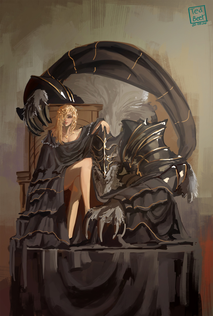 1girls 1male blonde_hair circlet dress elden_ring female fromsoftware goddess legs legs_crossed maliketh_the_black_blade painting_(artwork) queen_marika_the_eternal tedbeer thick_thighs