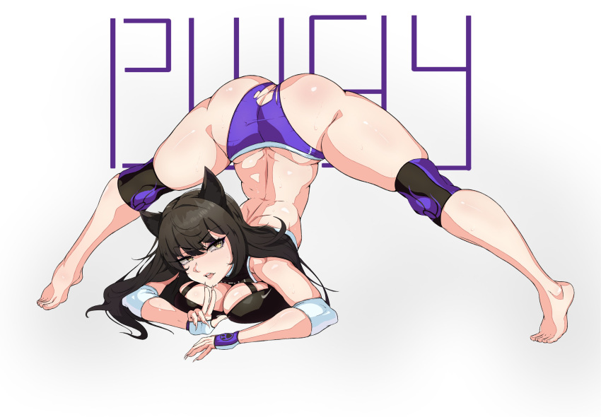 1girls ass b1ackgoldsaw barefoot big_ass big_breasts big_butt black_hair blake_belladonna breasts cat_ears cleavage clothed clothing feet gym_clothes gym_shorts gym_uniform jack-o_pose jackochallenge long_hair looking_at_viewer meme open_mouth ripped_clothing ripped_shorts rwby simple_background solo solo_female white_background