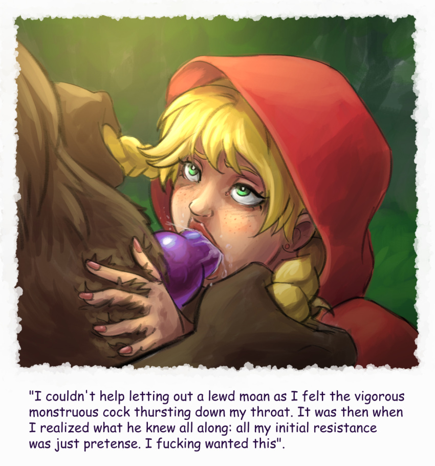 1boy 1girls 1monster anthro anthro_on_female anthro_on_human big_bad_wolf blonde_hair blowjob canine canine_knot canine_penis cloak clothed_female clothed_female_nude_male clothed_sex clothing cum_in_mouth english_text fellatio female femsub forced_oral freckles fur green_eyes hair_pull handlebars hood joachim knot knotted_penis little_red_riding_hood male/female maledom monster_on_female outerwear pulling_hair pulling_twintails red_lipstick red_riding_hood secretly_loves_it straight text twintails werewolf white_skin wolf