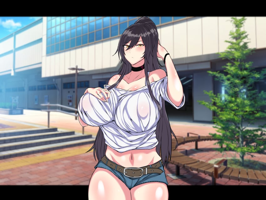 1girls 2d black_hair blush curvaceous curves curvy_female curvy_figure denim_shorts erect_nipples_under_clothes female female_only huge_breasts human idolmaster_shiny_colors large_breasts light-skinned_female light_skin long_hair looking_at_viewer nabeshiki_(nabeyashiki) naughty_face outside pale-skinned_female pale_skin plump seductive seductive_look seductive_smile shirase_sakuya shirt solo thick_thighs voluptuous yellow_eyes