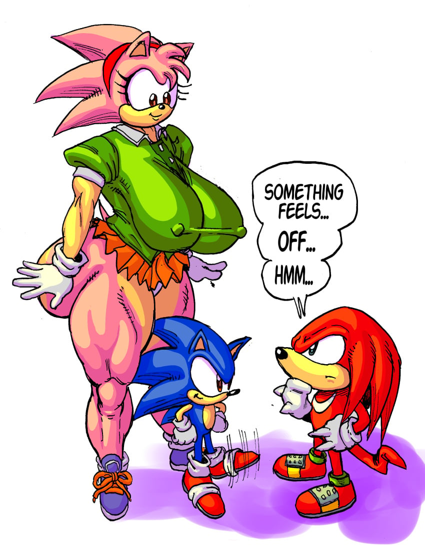 1girls 2boys amy_rose anthro ass big_ass big_breasts breasts classic_amy_rose classic_sonic classic_sonic_(universe) dialogue english_text erect_nipples exposed_torso female footwear goudadunn handwear huge_ass huge_breasts knuckles_the_echidna larger_female miniskirt muscular muscular_female muscular_thighs nipples_visible_through_clothing panties size_difference smaller_male sonic_(series) sonic_cd sonic_the_hedgehog text underwear