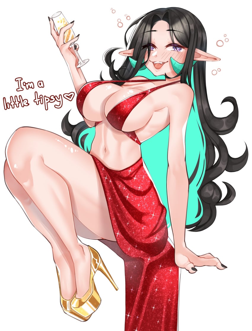 1girls champagne champagne_glass clothed clothing daphne_dress dress english_text female gold_heels high_heels light-skinned_female light_skin long_hair looking_at_viewer pointy_ears red_dress revealing_clothes text thick_thighs toodiedoodles