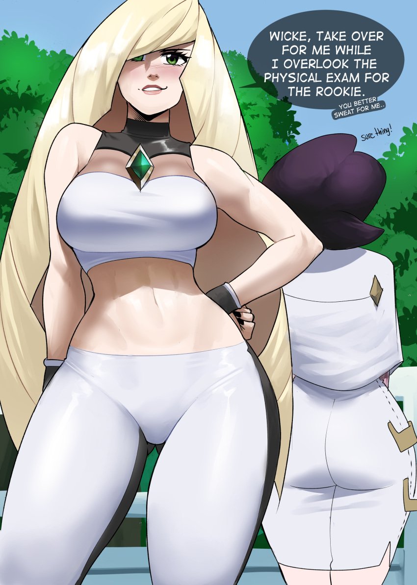 2022 2girls 2milfs alternate_breast_size blonde_hair breasts clothing cougar dialogue echosaber english_text female green_eyes hand_on_hip hi_res hips huge_breasts human long_hair looking_at_viewer lusamine_(pokemon) mature_female midriff milf mother naughty_face nintendo pale_skin pokemon pokemon_sm skirt slim_waist smile sportswear text thick_thighs thighs wicke_(pokemon) wide_hips yoga_pants