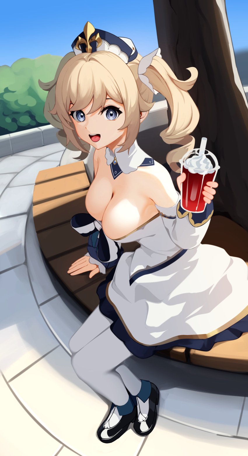 1girls areolae barbara_(genshin_impact) bare_shoulders big_breasts blonde_hair blue_eyes breasts cleavage cute dress ett female female_only genshin_impact happy hat holding holding_drink legwear light-skinned_female looking_at_viewer medium_hair nipples no_bra nun open_mouth open_smile outdoors outside pantyhose pov shoes sitting smile solo twintails white_legwear