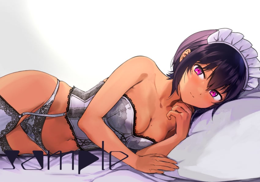 big_breasts black_hair blush dark-skinned_female dark_skin female garter_straps konbu_wakame lilith_(saikin_yatotta_maid_ga_ayashii) lingerie maid maid_headdress panties purple_eyes saikin_yatotta_maid_ga_ayashii sample stockings tan thighhighs underwear watermark