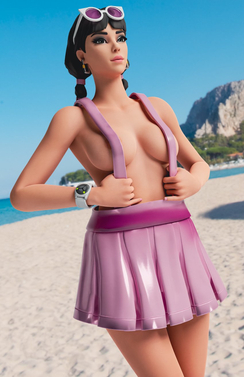 1girls 3d beach big_breasts black_hair blender blender_(software) chic_(fortnite) earrings fortnite fortnite:_battle_royale kem69 makeup pigtails pink_lips posing skirt sunglasses sunglasses_on_head suspenders video_games watch