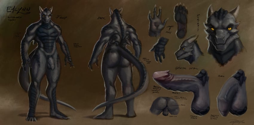 4_fingers 4_toes absurd_res amputee anthro anus ass backsack balls big_penis claws disability dragon emlynn feet fingers genitals hi_res horn long_tail male missing_wings muscular muscular_male nude only_male penile_spines penis pubic_scales rayoutofspace ridged_penis solo toes yellow_eyes