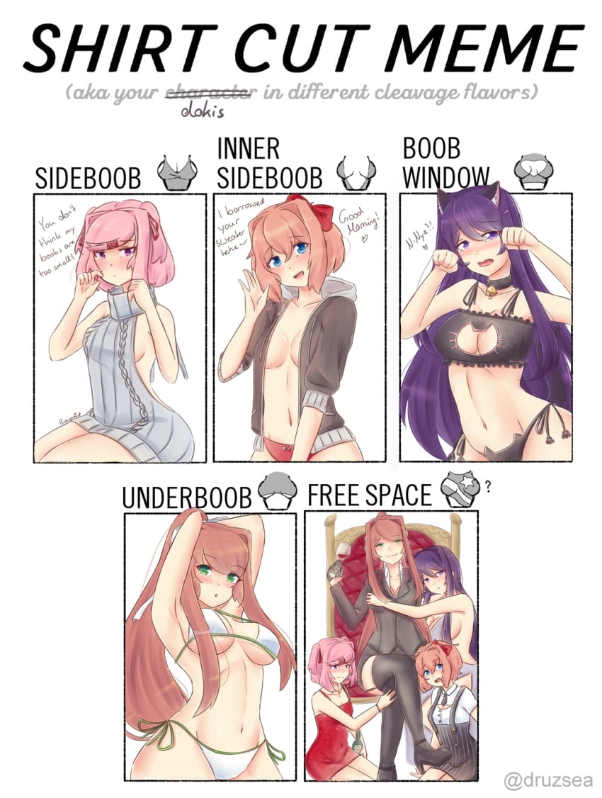 4girls doki_doki_literature_club female female_only monika_(doki_doki_literature_club) multiple_girls natsuki_(doki_doki_literature_club) raionart sayori_(doki_doki_literature_club) shirt_cut_meme tagme yuri_(doki_doki_literature_club)