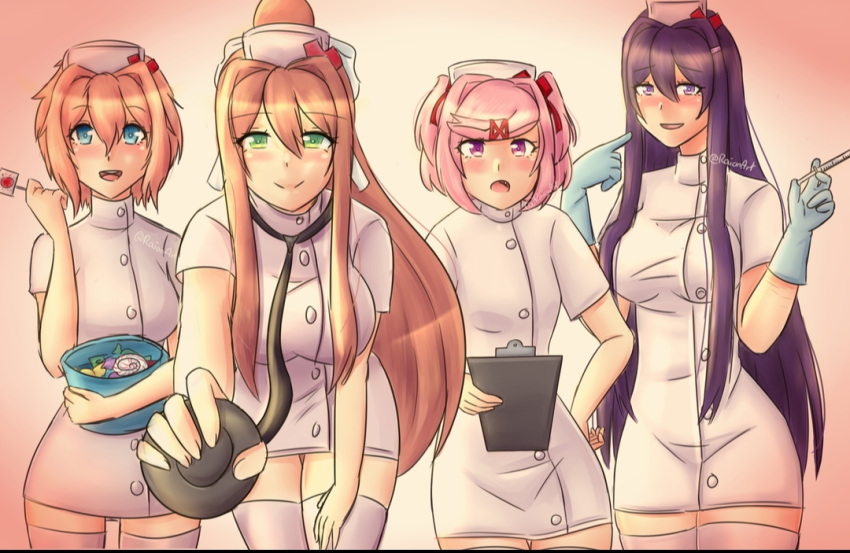 4girls doki_doki_literature_club female female_only monika_(doki_doki_literature_club) multiple_girls natsuki_(doki_doki_literature_club) nurse raionart sayori_(doki_doki_literature_club) yuri_(doki_doki_literature_club)