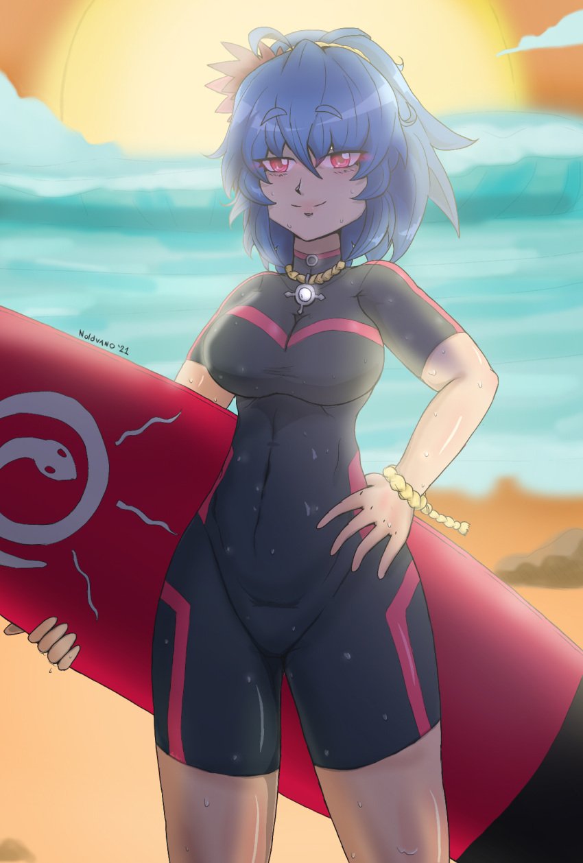 1girls beach beach_background big_breasts blue_hair breasts clothing female female_only hair_tied human kanako_yasaka looking_at_viewer mammal mammal_humanoid noldvano red_eyes smile solo standing surf_table surfboard surfer surfing swimwear table tight_clothing touhou water wet wet_body wet_clothes wetsuit