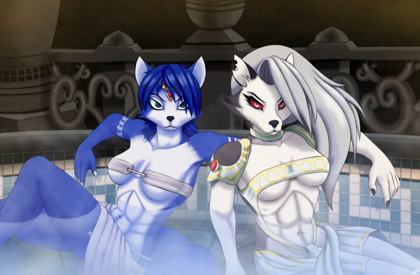 anthro bath bathhouse bathtub blue_body blue_fur blue_hair breasts canid canid_demon canine canis clothed clothing crossover cueliton demon digital_drawing_(artwork) digital_media_(artwork) duo female female/female fox fur god_of_war god_of_war_2 greek hair hellhound helluva_boss hi_res krystal looking_at_viewer loona_(helluva_boss) mammal nintendo piercing red_sclera shaded smile sony_corporation sony_interactive_entertainment star_fox video_games water white_body white_fur widescreen