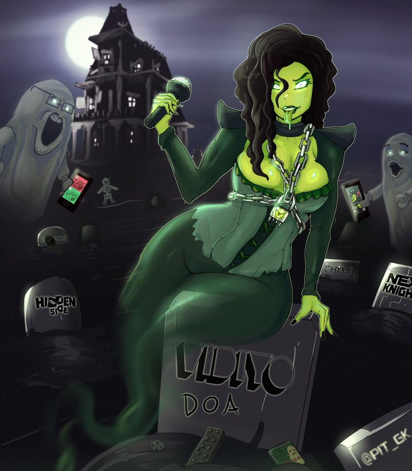 1girls 2d banshee_singer bionicle black_hair breasts clothed clothing corset female female_focus ghost ghost_girl gk733 gkl733 glowing_eyes graveyard green_skin highres holding_microphone holding_object lego long_hair looking_at_viewer microphone nexo_knights sitting tagme thighs tight_clothing vidiyo wide_hips