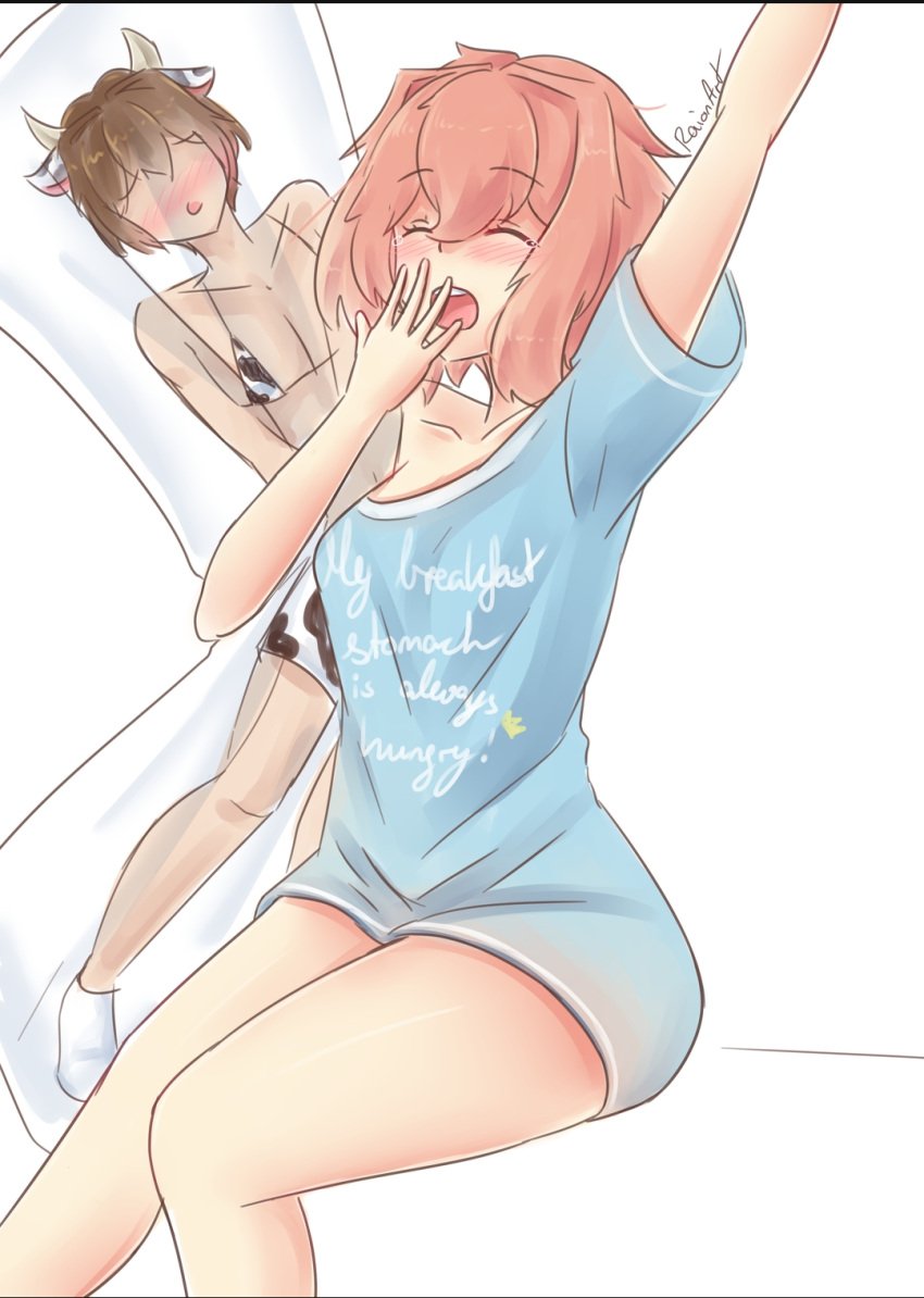 bodypillow doki_doki_literature_club mc_(doki_doki_literature_club!) raionart sayori_(doki_doki_literature_club) tagme yawn