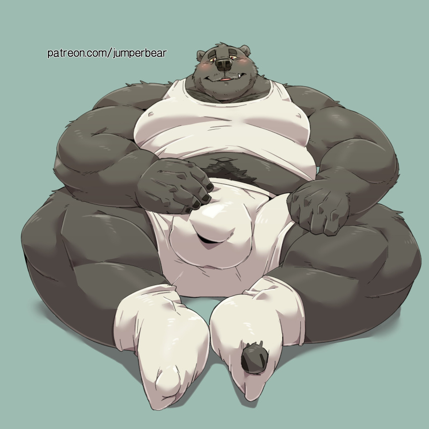 2022 absurd_res anthro belly big_belly black_nose blush bulge clothing hi_res humanoid_hands jumperbear kemono male mammal overweight overweight_male shirt simple_background solo topwear underwear ursid