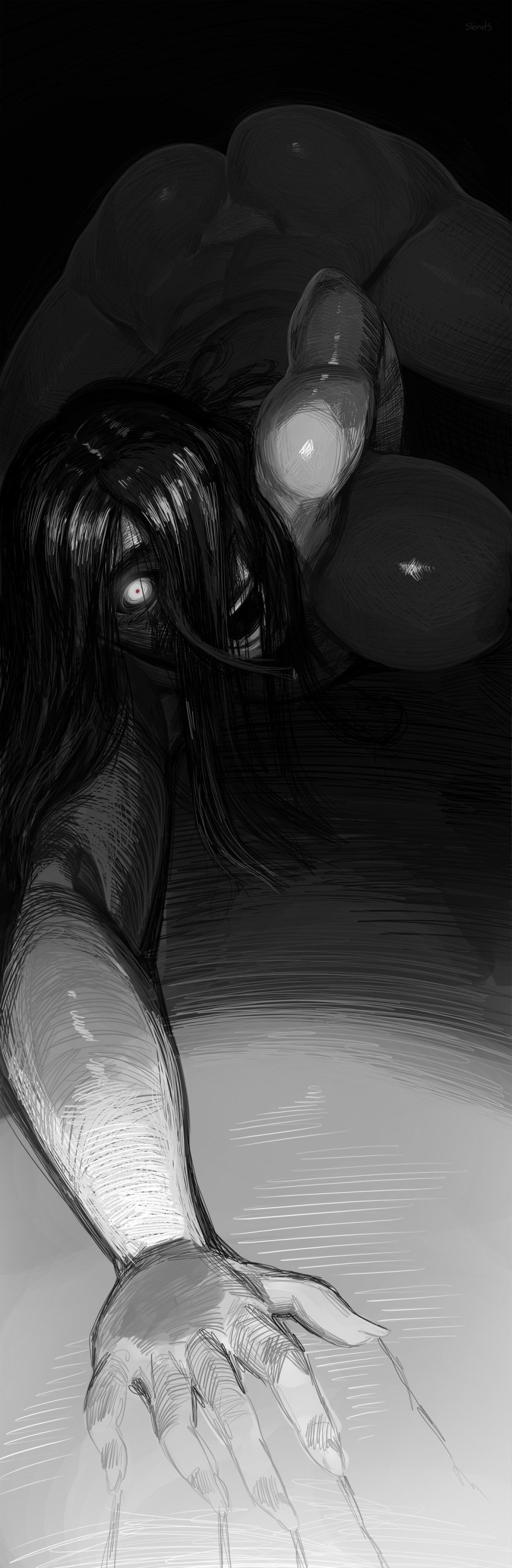 1girls all_fours arched_back arm_reaching_out ass breasts breasts_press breasts_pressed_against_floor completely_nude dark_room darkness enormous_breasts female_focus ghost ghost_girl glowing_eye hair_covering_one_eye hair_over_one_eye hand_on_floor hi_res high_resolution highres horror_(theme) huge_ass huge_breasts long_hair looking_at_viewer massive_breasts naked_female nathalie_(skrats) no_bra no_panties nude nude_female on_floor one_eye_covered open_mouth scary scary_face skrats sliding solo solo_female terrified voluptuous