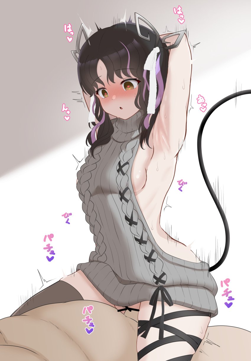 1boy absurdres aran_sweater armpits arms_up backless_dress backless_outfit bangs bar_censor black_hair black_legwear black_ribbon blush breasts censored commentary_request cowboy_shot cowgirl_position demon_girl demon_horns demon_tail dress eyebrows_visible_through_hair female heart heart-shaped_pupils highres horns hypnosis kojo_anna leg_ribbon long_hair looking_down medium_breasts meme_attire mind_control multicolored_hair nanashi_inc. official_alternate_costume open_mouth paid_reward_available penis pink_hair pussy ribbed_sweater ribbon sex sheryama sideboob single_thighhigh solo_focus straddling straight sugar_lyric sweater sweater_dress symbol-shaped_pupils tail thighhighs turtleneck turtleneck_sweater twintails two-tone_hair vaginal_penetration virgin_killer_sweater virtual_youtuber yellow_eyes