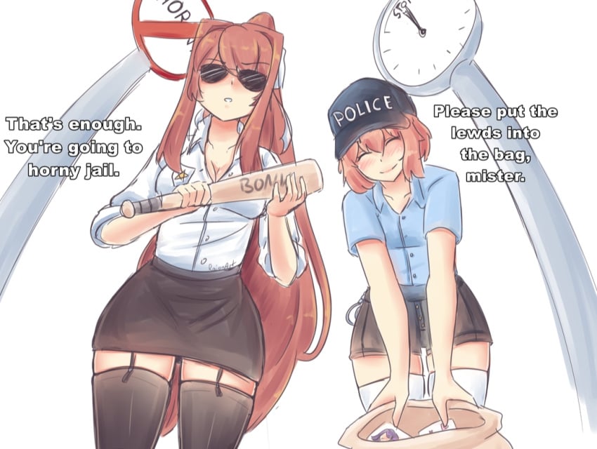 2girls 5_fingers bat brown_hair closed_eyes doki_doki_literature_club english_text go_to_horny_jail horny_jail meme monika_(doki_doki_literature_club) police police_hat police_uniform policewoman raionart sayori_(doki_doki_literature_club) sfw sunglasses text thighhighs thighs