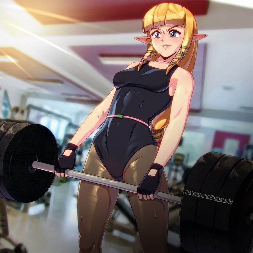 1girls background barbell blonde_hair blue_eyes breasts clothed clothing cute deadlift elf exercise female female_only fingerless_gloves fringe gym kagato007 latex leotard lifting_weights long_hair nintendo pale-skinned_female petite pointy_ears princess princess_zelda royalty seductive_look skyward_sword slim solo solo_female sweat teenager the_legend_of_zelda thighs watermark working_out workout zelda_(skyward_sword)