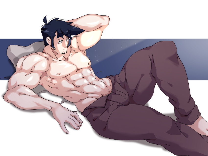 1boy 2021 abs barefoot black_eyes leif_(nisego) looking_at_viewer muscular muscular_arms muscular_male muscular_thighs nisego original pillow shirtless sideburns solo solo_male toned