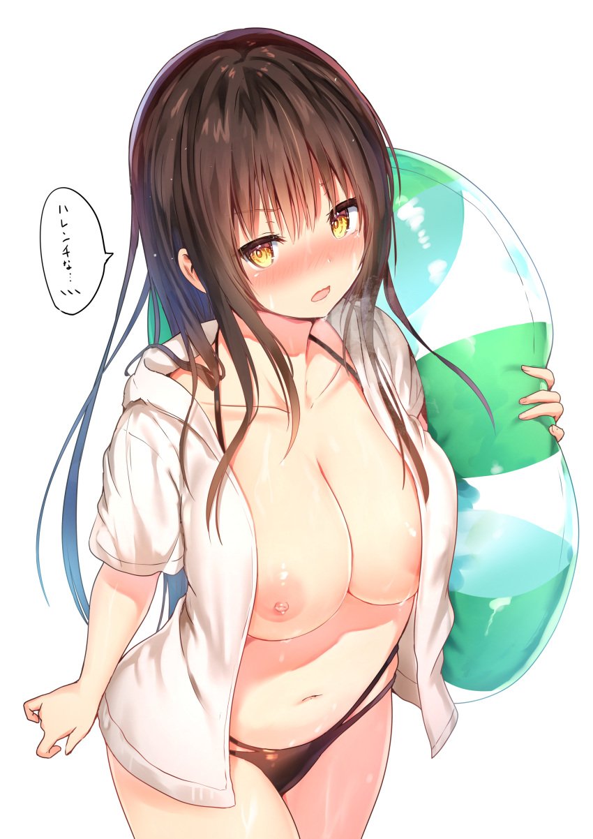 breasts brown_hair female innertube kotegawa_yui long_hair nipples open_clothes shiny_skin solo sune_(mugendai) to_love-ru to_love-ru_darkness yellow_eyes