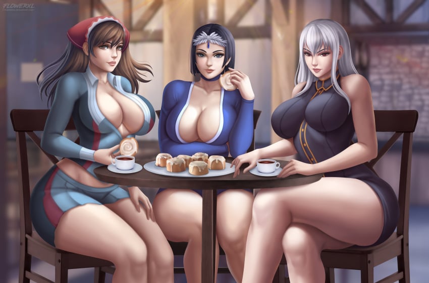 3girls alicia_melchiott big_breasts black_clothing black_hair blue_clothing blue_eyes breasts brown_eyes brown_hair cleavage clothing coffee cordelia_gi_rangriz female female_only flowerxl food hand_on_table hand_on_thighs high_resolution indoors large_breasts looking_at_viewer multicolored_skirt multicolored_topwear multiple_girls pink_nipples red_bandana red_eyes sega selvaria_bles sitting_on_chair source_request thick thick_thighs valkyria_chronicles valkyria_chronicles_1 white_hair