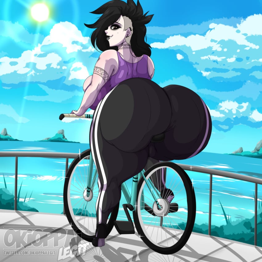 1girls 2022 alternate_version_available bicycle big_breasts bike black_hair breasts clothed clothing female female_only goth hi_res huge_ass huge_breasts large_ass large_breasts looking_at_viewer okioppai pandora_(okioppai) pants shirt sky sun watermark yoga_pants