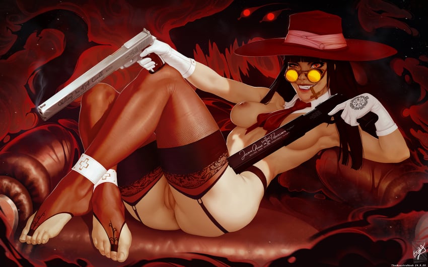 alucard armpits ass bangs bare_shoulders black_hair blunt_bangs breasts canon_genderswap couch cross crossed_legs detached_collar dual_wielding english_commentary eyewear feet female firearm garter_belt genderswap_(mtf) girlycard gloves grin gun half-closed_eye handgun handwear headwear hellsing highres holding holding_gun holding_weapon knees_up legwear lips long_hair looking_at_viewer medium_breasts necktie nipples no_shoes nude on_couch orange_eyes pale_skin pentagram pistol pussy reclining red_garter_belt red_headwear red_legwear red_necktie round_eyewear rule_63 sitting skindentation smile solo themaestronoob thighhighs thighs toes vampire weapon white_gloves