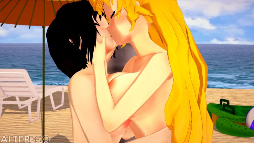 2girls 3d alterego beach beach_ball beach_chair beach_umbrella bikini black_hair blonde_hair cute day exhibitionism half-sisters hug incest inflatable_toy kissing koikatsu pale_skin ruby_rose rwby sisters smiling topless topless_female yang_xiao_long yuri