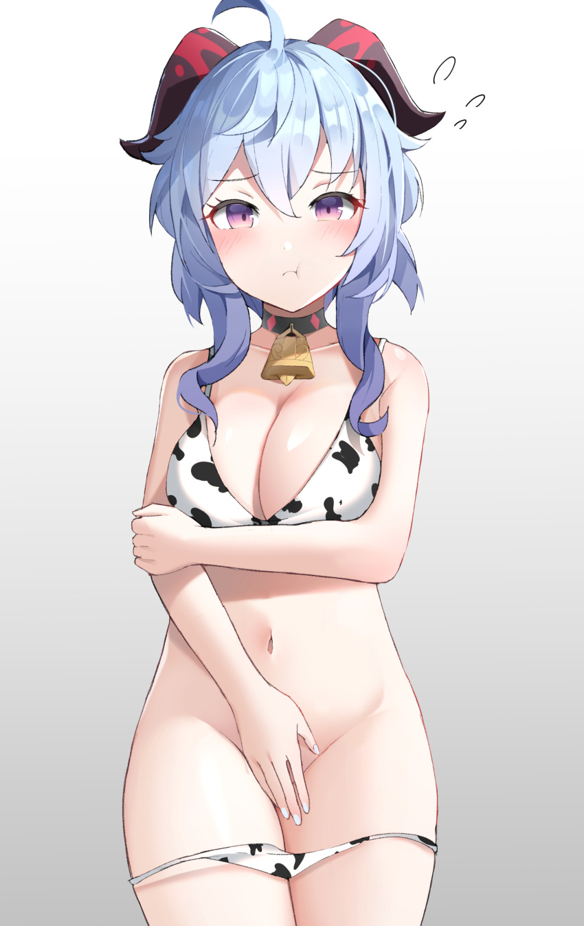 1girls ahoge animal_print bell bell_collar bikini blue_hair blush cleavage covering_crotch covering_pussy cow_bikini cow_print cow_print_bikini eyebrows_visible_through_hair female ganyu_(genshin_impact) genshin_impact horns light-skinned_female looking_at_viewer mihoyo solo solo_female solo_focus t373412