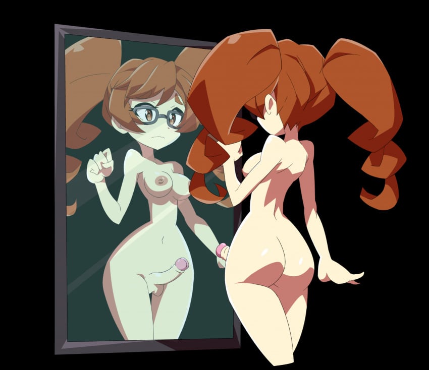 1futa accurate_art_style aegis_(neko-eclipse17) alternate_version_at_source ass breasts brown_hair erection futa_only futanari human light-skinned_futanari light_skin long_hair mirror naked neko-eclipse17 niyuyu nude penis shantae solo standing thick_thighs twintails wide_hips