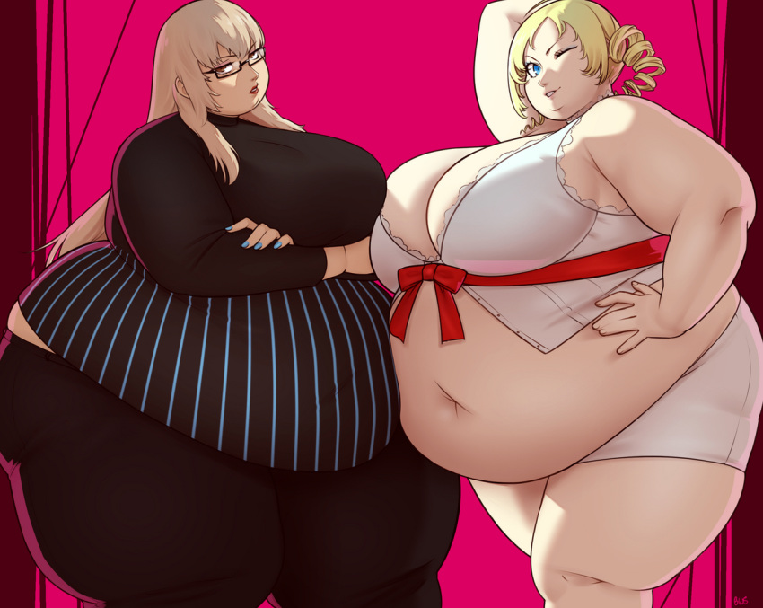 2girls alternate_body_type arm_behind_head arm_up better_with_salt blonde_hair blue_eyes brown_hair catherine catherine_(game) cowboy_shot crossed_arms drill_hair eyeshadow fat female_only gigantic_breasts hand_on_hip huge_belly huge_breasts katherine_mcbride lips looking_at_viewer obese one_eye_closed pants rectangular_eyewear standing succubus thick_thighs twin_drills twintails wink