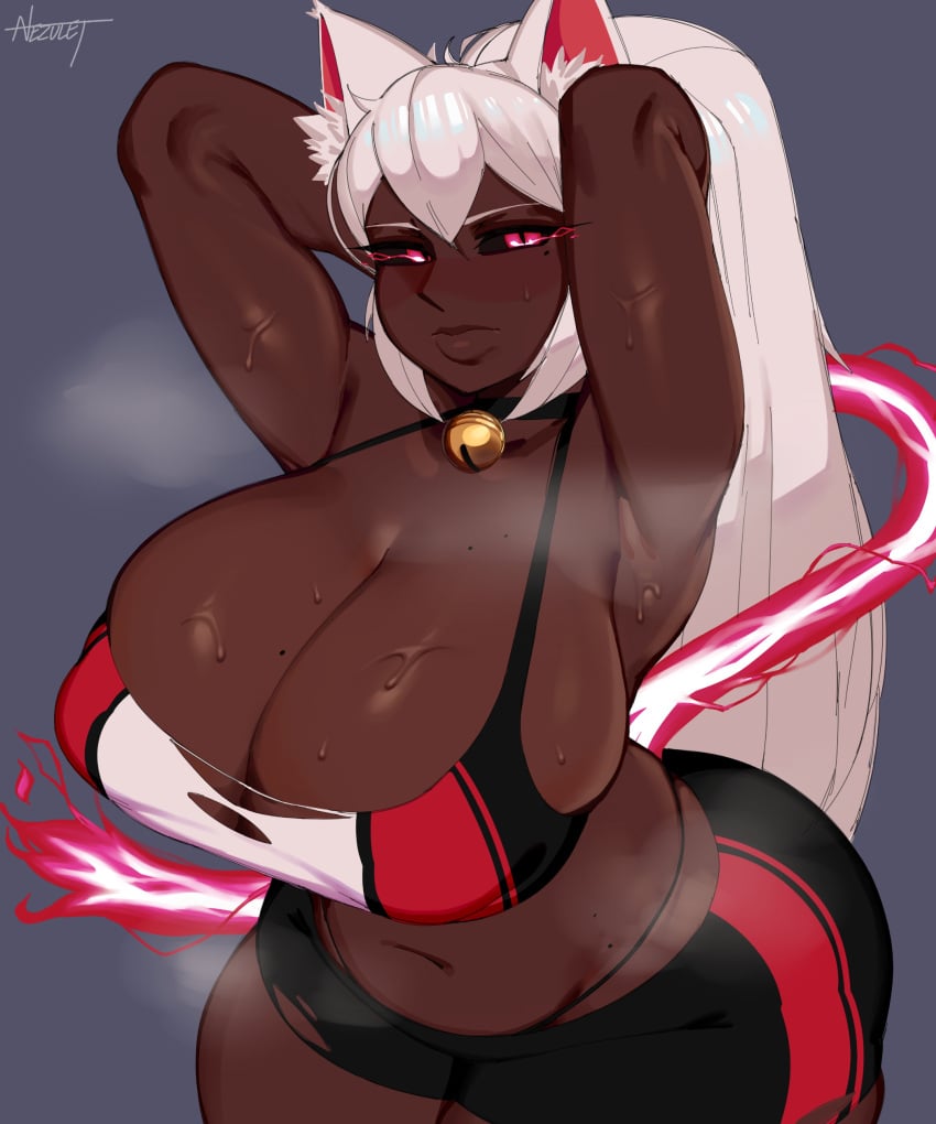 1girls absurd_res armpits bike_shorts black_sclera breasts cat_bell cat_ears catgirl coco_(bakeneko) dark-skinned_female dark_skin female female_only hi_res large_breasts looking_at_viewer mole mole_on_breast mole_under_eye muscular_female nezulet original solo solo_female sports_bra sweat sweaty torn_clothes wardrobe_malfunction white_hair