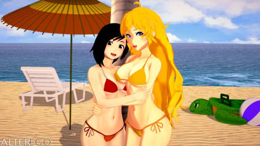 2girls 3d alterego beach beach_ball beach_chair beach_umbrella bikini black_hair blonde_hair cute day half-sisters hug inflatable_toy koikatsu looking_at_viewer pale_skin ruby_rose rwby sisters smiling smiling_at_viewer yang_xiao_long