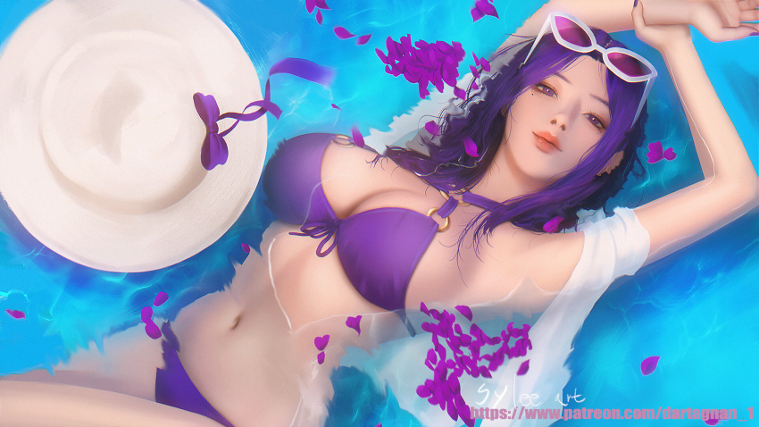 1girls belly_button bikini breasts caitlyn_kiramman flower league_of_legends long_hair looking_at_viewer purple_bikini purple_eyes purple_hair ribbon solo solo_female sunglasses syleeart tagme water