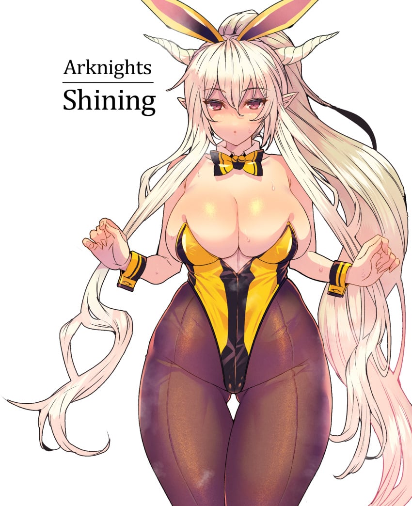 1girls 2022 arknights blonde_hair breasts bunny_ears bunny_girl bunnysuit cleavage female female_only hi_res highleg_leotard horns huge_breasts leotard long_hair pointy_ears red_eyes shining_(arknights) simple_background thigh_gap tights wakura_(gcdan)