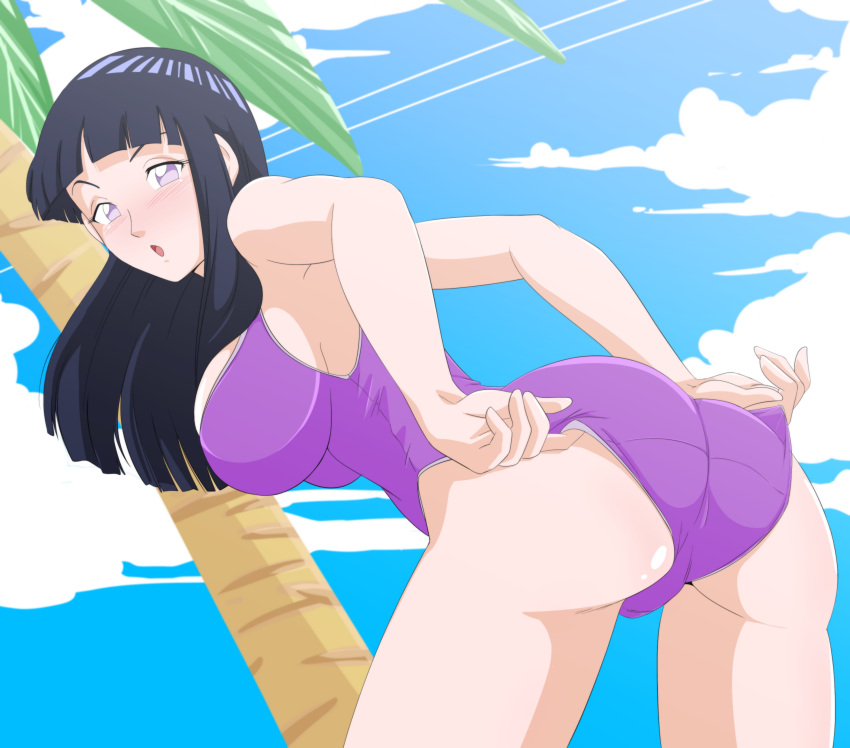 1girls arched_back armpits ass ass_focus bent_over big_ass big_breasts big_butt blue_hair blush bubble_ass bubble_butt busty caisama cameltoe cleavage clothing dat_ass female female_focus female_only hyuuga_hinata large_ass large_breasts looking_at_viewer looking_back naruto naruto_(series) naruto_shippuden one-piece_swimsuit open_mouth pale-skinned_female pale_skin palm_tree pinup pose posing presenting_ass purple_eyes purple_swimsuit shounen_jump solo solo_female solo_focus swimsuit thick_thighs thighs tree voluptuous