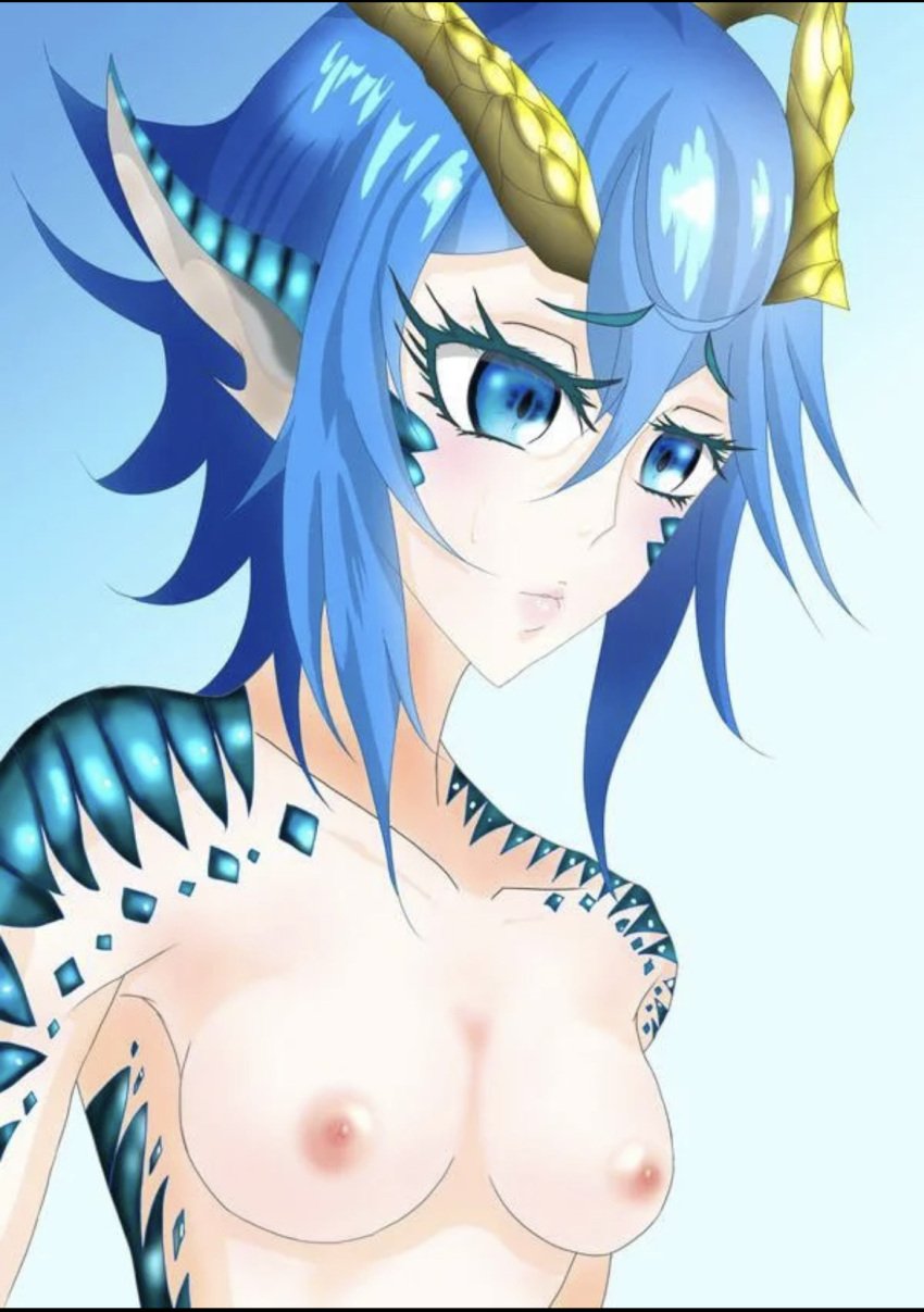 blue_eyes breasts dragon_girl eyebrows_visible_through_hair light-skinned_female light_skin monster_girl monster_girl_doctor monster_musume_no_oisha-san nipples skadi_dragenfelt