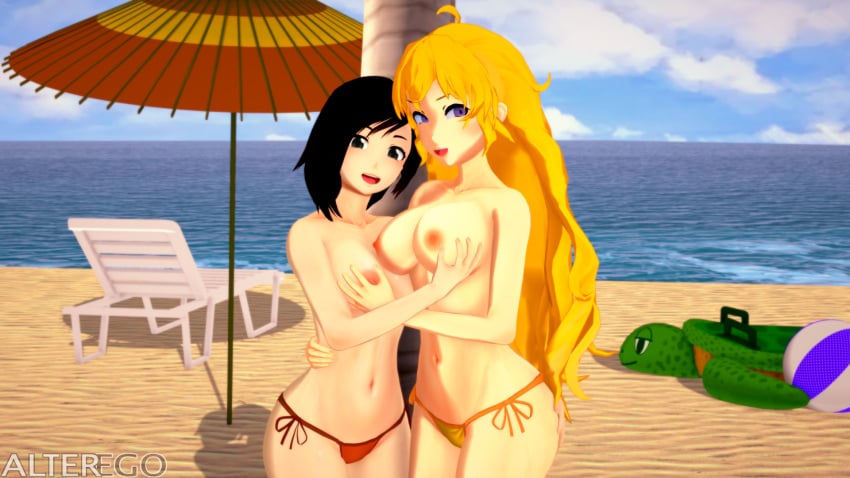 2girls 3d alterego beach beach_ball beach_chair beach_umbrella bikini black_hair blonde_hair cute day exhibitionism half-sisters hug incest inflatable_toy koikatsu looking_at_viewer pale_skin pixiv public_topless ruby_rose rwby sisters smiling smiling_at_viewer topless topless_female yang_xiao_long